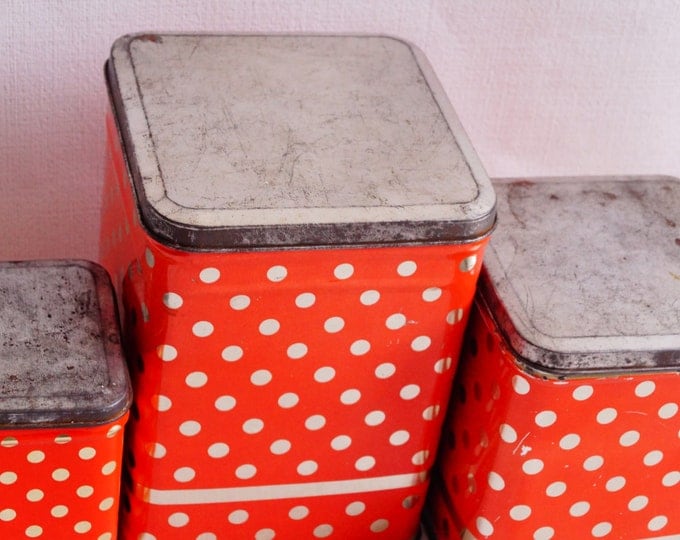 Vintage kitchen tins - Set of 3 tins - Soviet kinchen containers - Red polka dot - Soviet Retro - Christmas gift