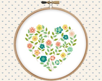 Flower heart cross stitch pattern pdf - pillow embroidered - instant download - modern cross stitch - floral cross stitch