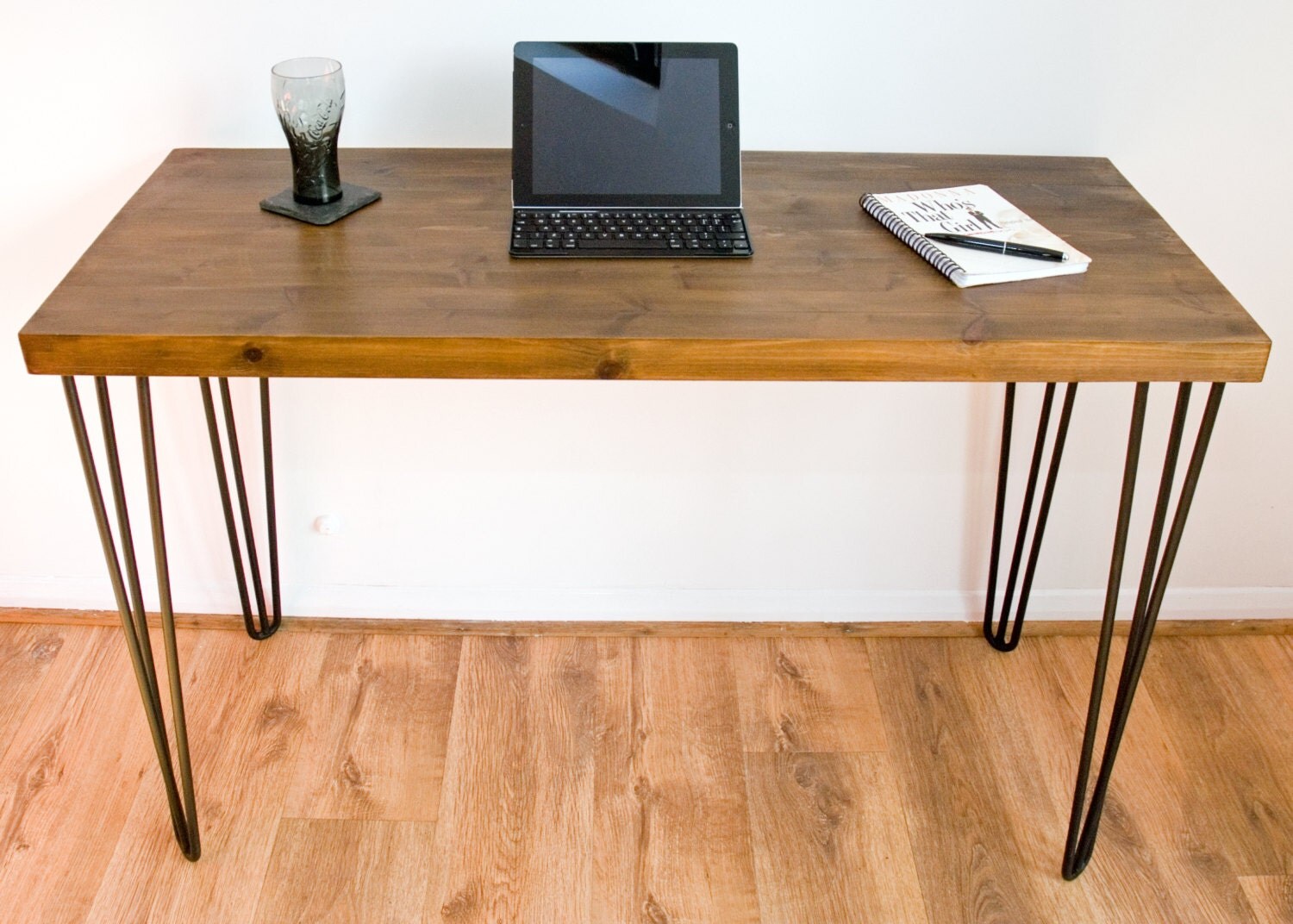 Retro Rustic Industrial Solid Wood Desk Black Metal 3Prong