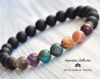 8mm Mens Chakra Bracelet Yoga Jewelry Mens Bracelet Black Gemstone Bracelet Mala Bracelet Gift for men