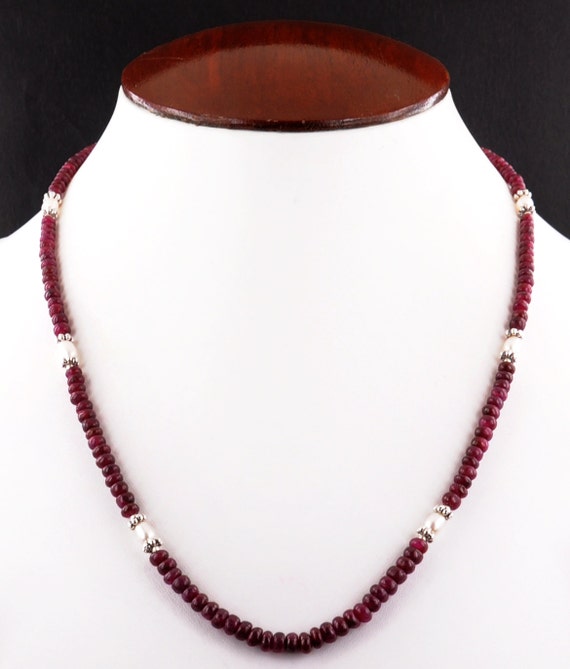 3mm-4mm Faceted African Ruby Necklace With Pearls 925 Silver