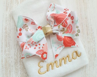 Newborn girl personalized hospital hat- coral, gold, mint, and white bow, baby girl hospital hat, white hospital hat, newborn hat