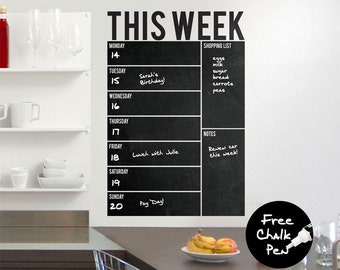 Write & Wipe - Weekly Calendar / Planner / Board - Vinyl Wall Decal / Sticker - Free Chalk Pen Included