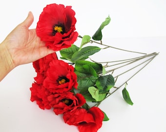 7 Silk Poppies Artificial Flowers Big Red With Black Yellow Center Poppy Flower Floral Hair Accessories Poppy with Leaves Supplies Faux Fake