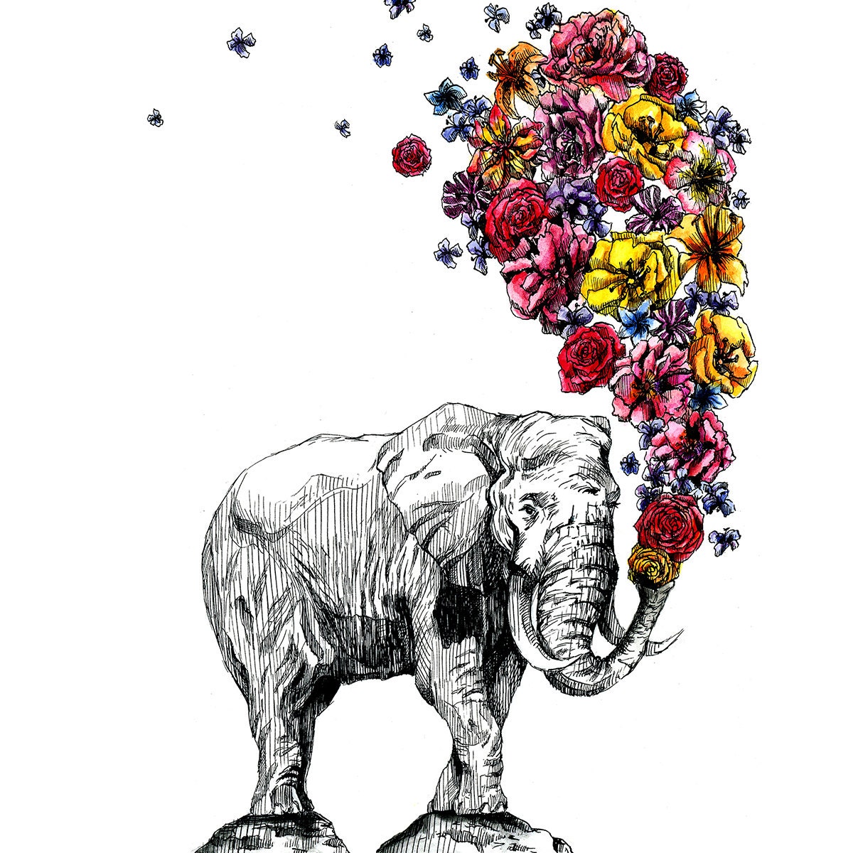 Elephant Flowers Art Print Watercolor Pen & Ink