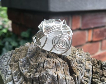 Recycled beach glass, wire wrapped statement ring.