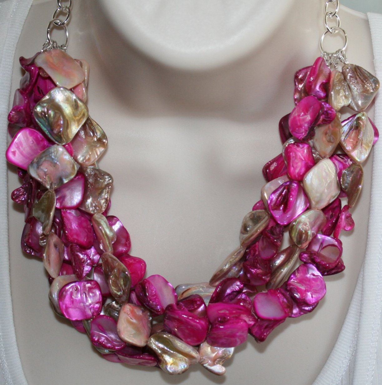 Chunky Hot Pink and Light Pink Shell Statement Necklace Bold