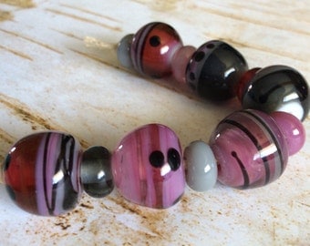 Handmade Lampwork Bead Set Pink and Gray