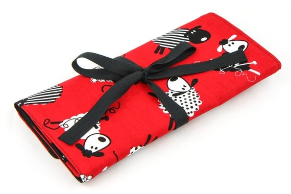 Short Knitting Needle Organizer Case - Red Sheep - 24 black pockets for circular, double pointed, interchangeable or travel
