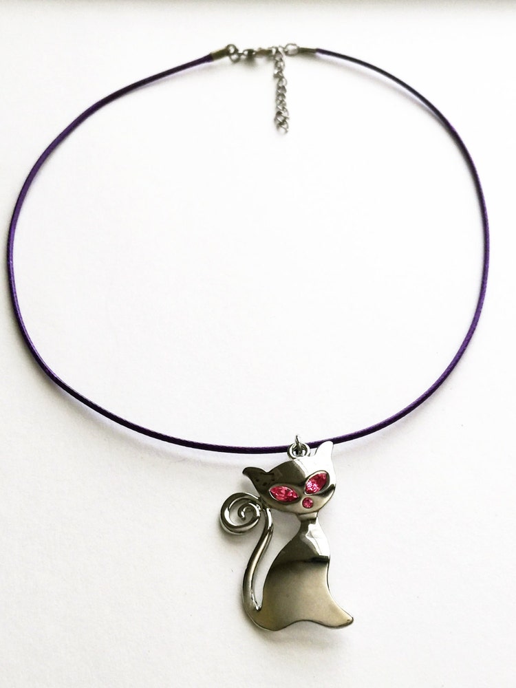 Necklace Cat Silver Tone w Pink Crystal Eyes and by Libbyscorner