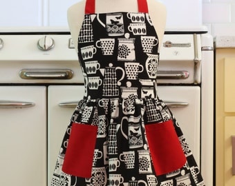 Vintage Inspired Black and White Teacups and Teapots with RED Full Apron for Little Girls