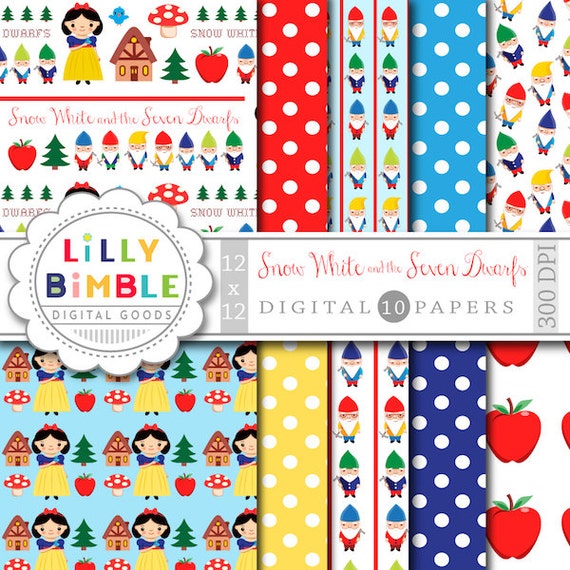 80% off Snow White and the Seven Dwarfs, dwarves, fairy tale, birthday, digital paper, scrapbook Instant Download Il_570xn