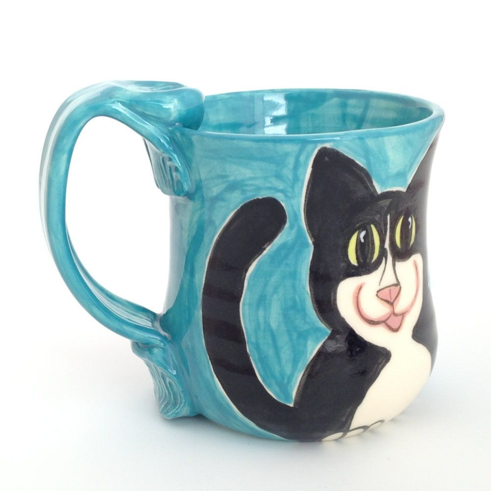 Ceramic Tuxedo Cat Mug Smiling on Radiant Red or by JudyBFreeman