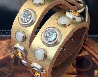 Gold Leather Dog Collar with Rhinestones and Pearl Studs, Size M-L, to fit a 17-20in Neck, Eco Friendly, Seattle Handmade by Greenbelts