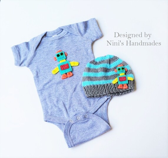 Items similar to ROBOT 2 Piece Bodysuit and Baby Beanie, Baby Boys