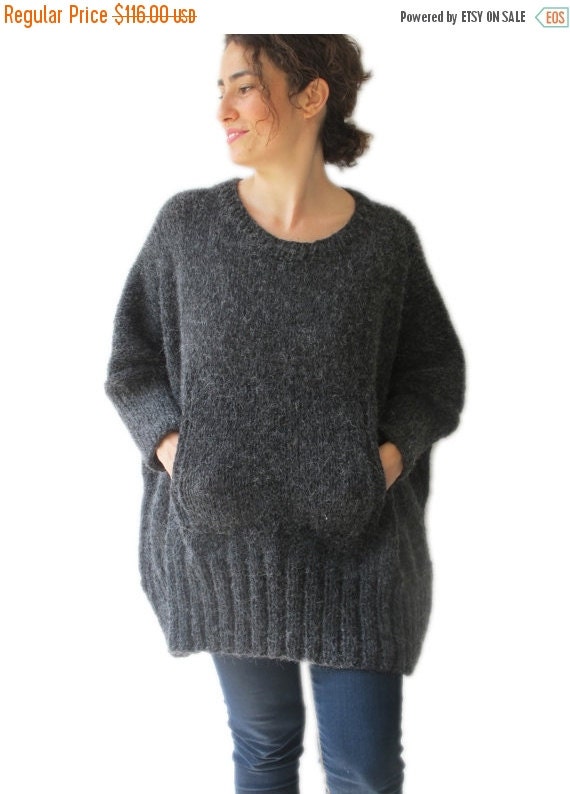 WINTER SALE Dark Gray Hand Knitted Sweater with Pocket by afra