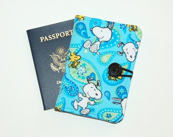 Passport Cover Wallet Travel Organizer - Handcrafted from Snoopy and Woodstock in Paisley Fabric
