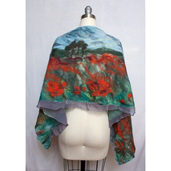 Nuno Felted Shawl Field of Poppies Wearable Art