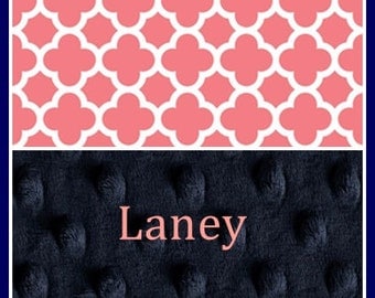 Personalized Girl Blanket~Baby Girl's Blanket~Quatrefoil Nursery~Navy and Coral~Shower Lovey Gift~