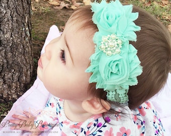 Mint Baby Headband..Newborn Lace Girl Headband..Vintage Inspired Double Frayed Aqua Lace Flower Headband..Headband....Baby Headbands