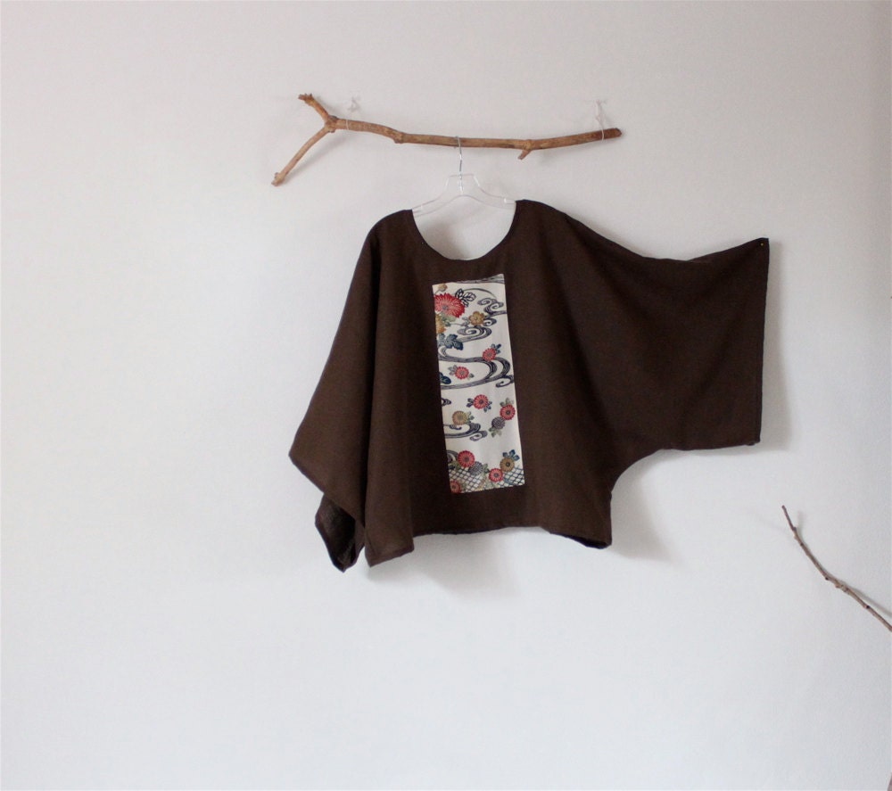 over size brown linen top with vintage kimono panel ready to wear