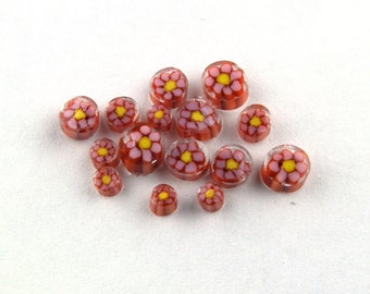Handmade Lampwork Murrine Brown/Pink Daisy 104 COE Murrini slices 15 - R