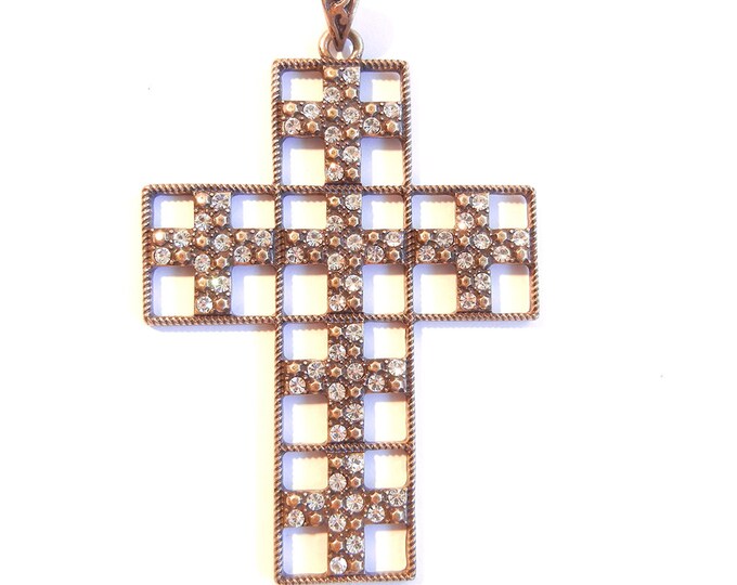 Large Antique Gold-tone Coppery Cut Out Cross Pendant Rhinestones