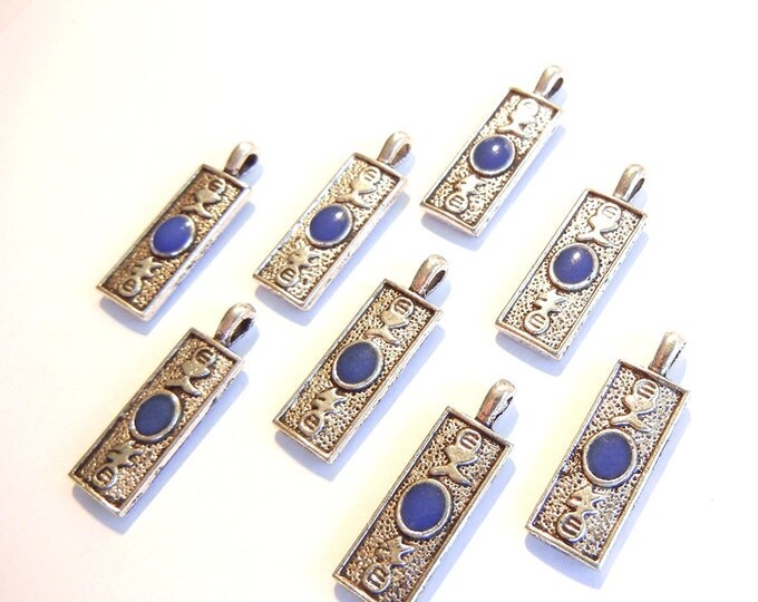 8 or 4 Pairs of Double-sided Asian-themed Bar with Blue Epoxy Charms Silver-tone