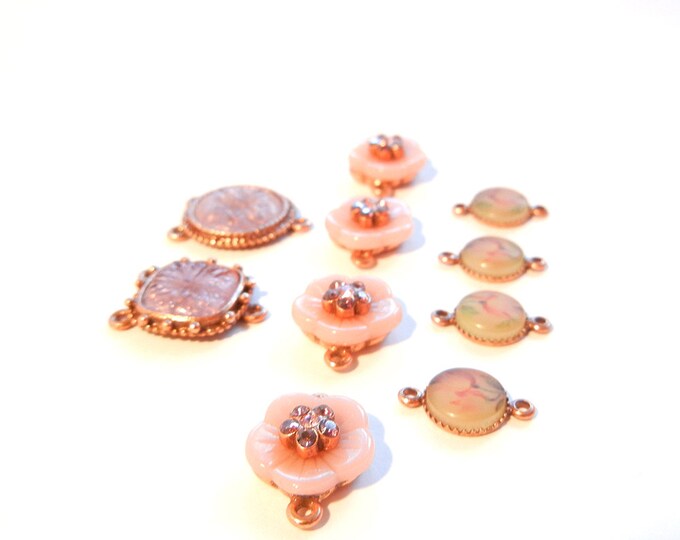 Set of 10 Resin Pink Flower Themed Multi Link Charms Copper-tone
