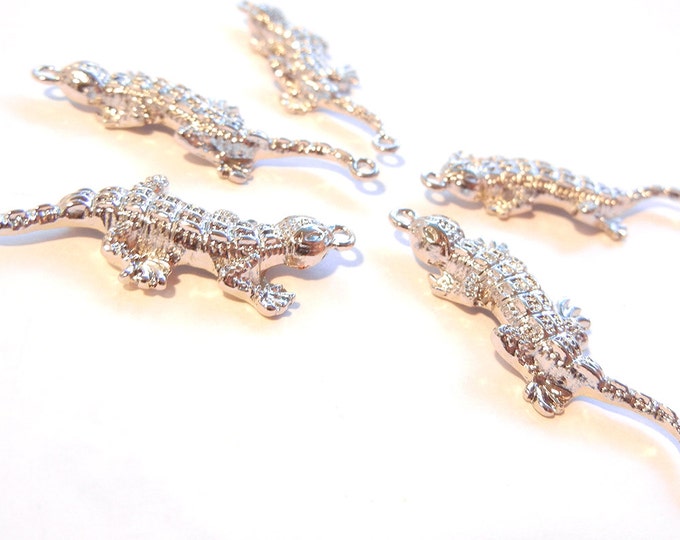 5 Silver-tone Double Link Lizard Charm Pendants Textured