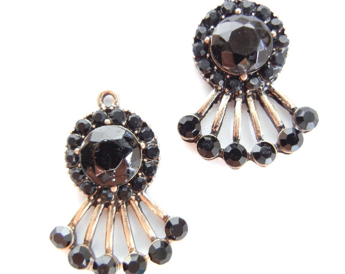 Art Deco Antique Rose Gold-tone Fan Like Charms Black Rhinestones