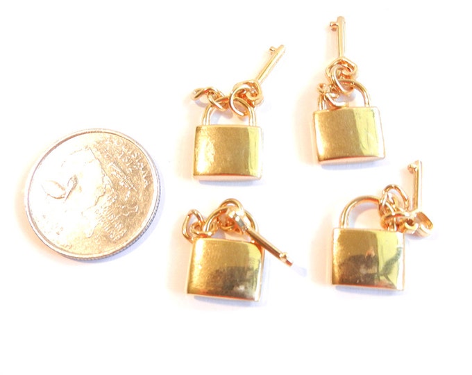 4 or 2 Pairs of Small Dimensional Rhinestone Gold-tone Locks with Key Charms