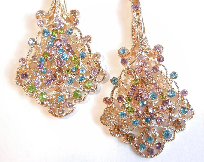 Pair of Gold-tone Filigree Fan Like Drop Charms with Multi Colored Rhinestones