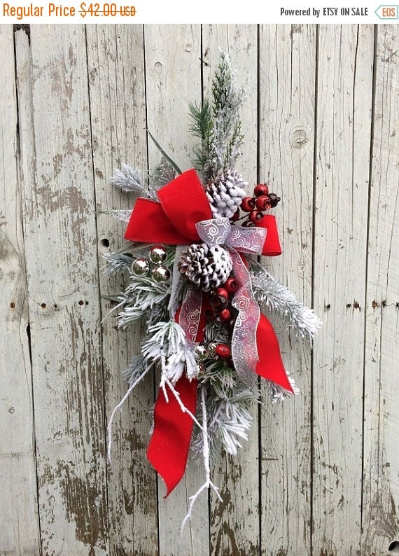 ON SALE Red Christmas Swag, Holiday Wreath for Door, Red, White and Silver Christmas Swag, Flower Christmas Pine Wreath