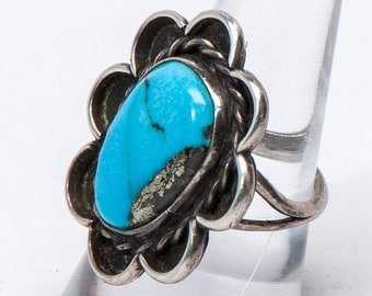 Navajo Pawn Turquoise Ring - 60s Morenci Mine & Sterling - sz 8