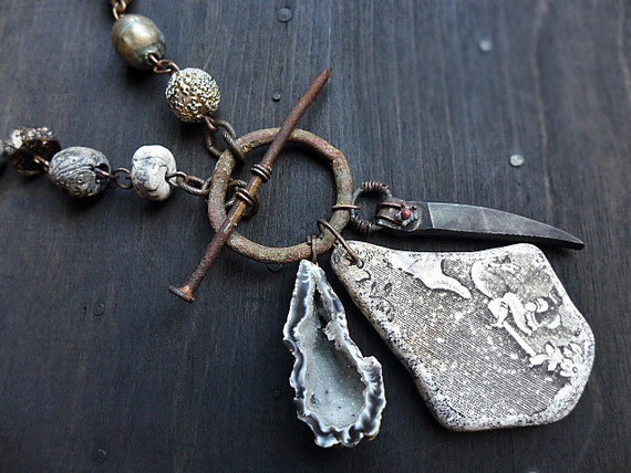 Chronos. Found object necklace with beach pottery and artisan beads. Rustic assemblage jewelry.