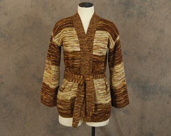 vintage 70s Cardigan - Brown and Tan Striped Space Dyed Wrap Sweater - 1970s Boho Cardigan SZ S M