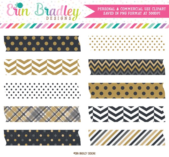 New Years Black & Gold Washi Tape Clipart Commercial Use Digital Clip Art Graphics INSTANT Download Il_570xn