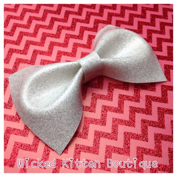Rockabilly Hair Bow White Glitter Vinyl Hair Bow Large Pinup