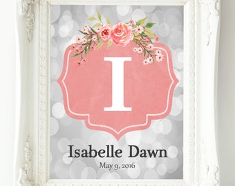 Coral Gray Nursery Wall Art, Personalized Name Print, Baby Girl Nursery, Baby Gift, New Mom Gift, Coral Nursery Decor, Wall Decor Girl