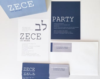 Grey and Blue Bar Mitzvah Invitation, Modern Type Bat Mitzvah Invites Boys Bar Mitzvah, Ivory Party Invitation Thank You Card, Address Label