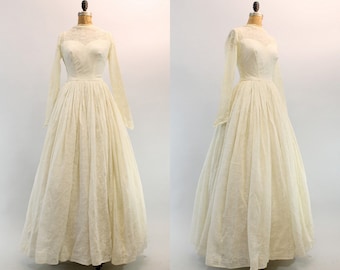 50s Wedding Dress Small / 1950s Wedding Gown Floral Organza Full Skirt / Westcott Wedding Gown