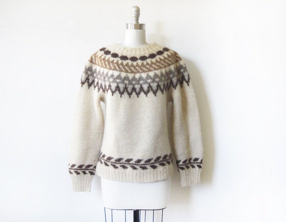 vintage Icelandic sweater fair isle wool sweater cream and