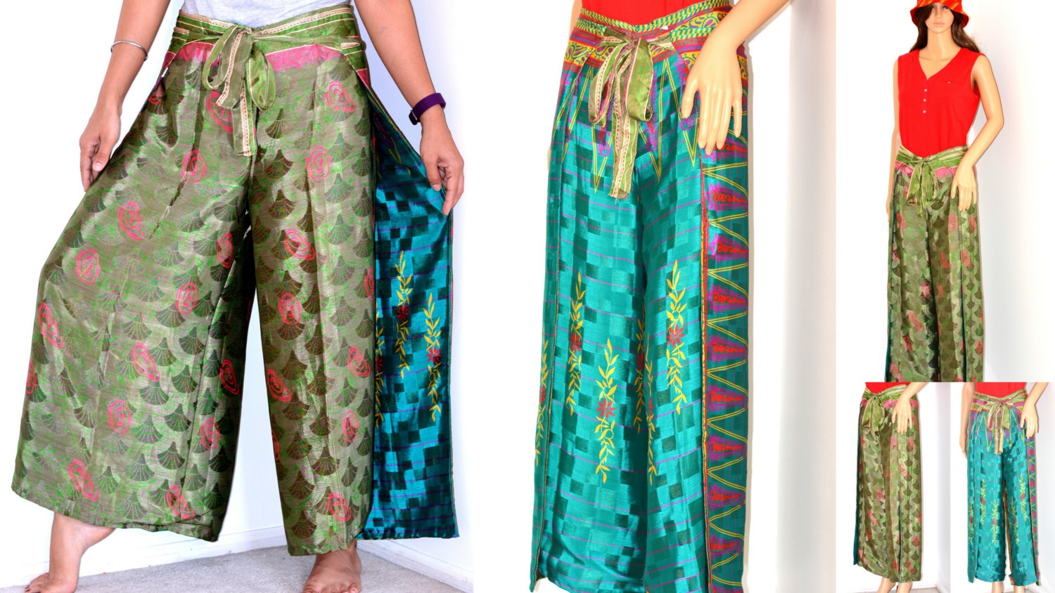 Silk Reversible Wrap Pants/ high waist / wrap around/ skirt