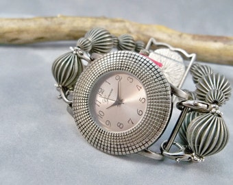 Ladies Watch with Interchangeable Band, Watch Bracelet, Wrist Watch, Beaded Watch Band, Double Strand Watch, Stretch Band Watch