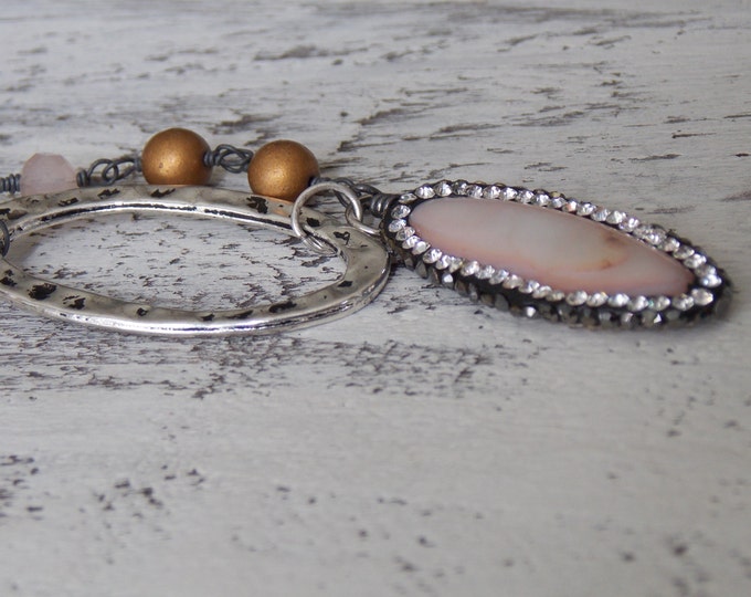 Mixed Metal Necklace Pink Shell Pave Pendant Gold Czech Glass Wire Wrapped Soft Silver Peach Pink Gunmetal Necklace Boho Chic Nicki Lynn