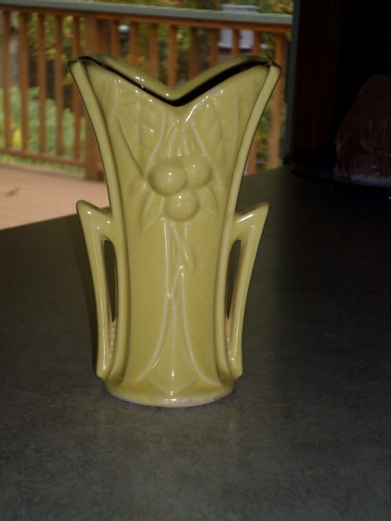small 5 yellow McCoy Pottery Vase leaves & berrie