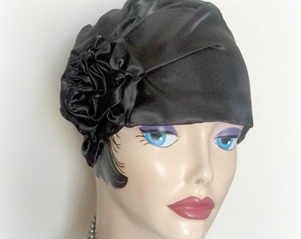 Black Satin Cloche - Flapper Hats - Turban Style Hat - Ladies Vintage Hat - 1920's Hats - Elegant Hat - Stylish Evening Hats - Handmade USA