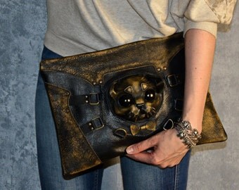 Leather clutch - Steampunk bag - Women leather bag - Gift for women - Vintage leather bags - Cat bag - Steampunk accessories - Steampunk cat