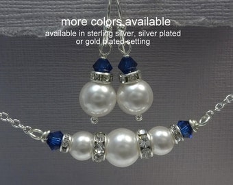 Navy Bridesmaid Gift, Swarovski White Pearl and Navy Jewelry Set, Bridesmaid Jewelry, Navy Wedding Jewelry, Set Royal Blue Jewelry Set